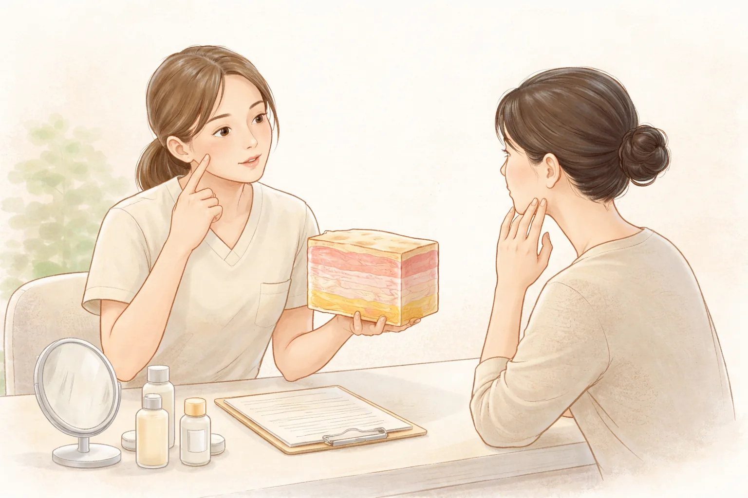 醫療人員拿著皮膚斷面模型向女性說明