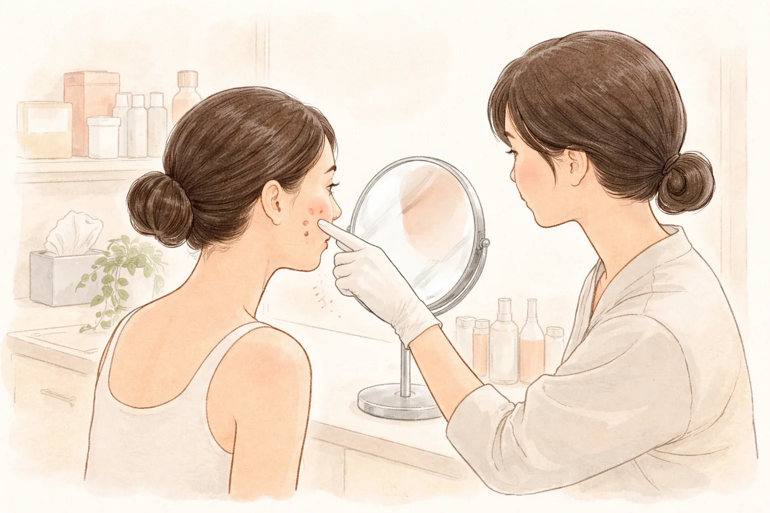 女性坐在鏡子前,戴手套的另一人指著她臉頰上的兩處
