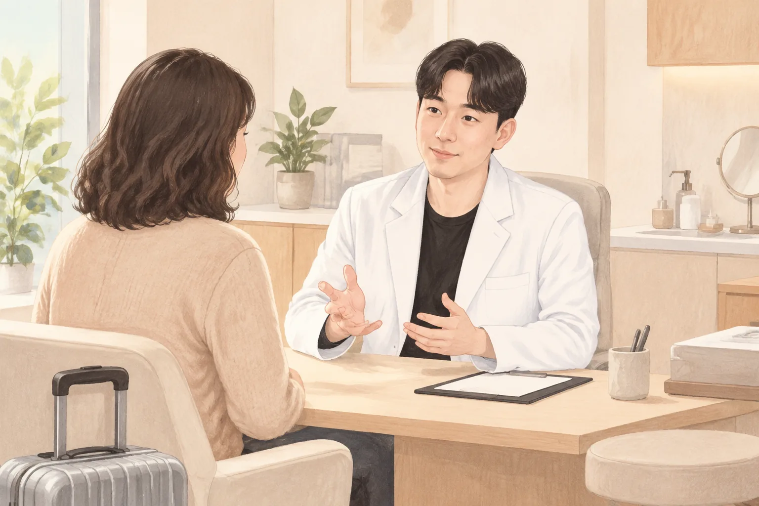 オフィスの机の前で会話する男性医師と女性患者と小さなキャリーケース