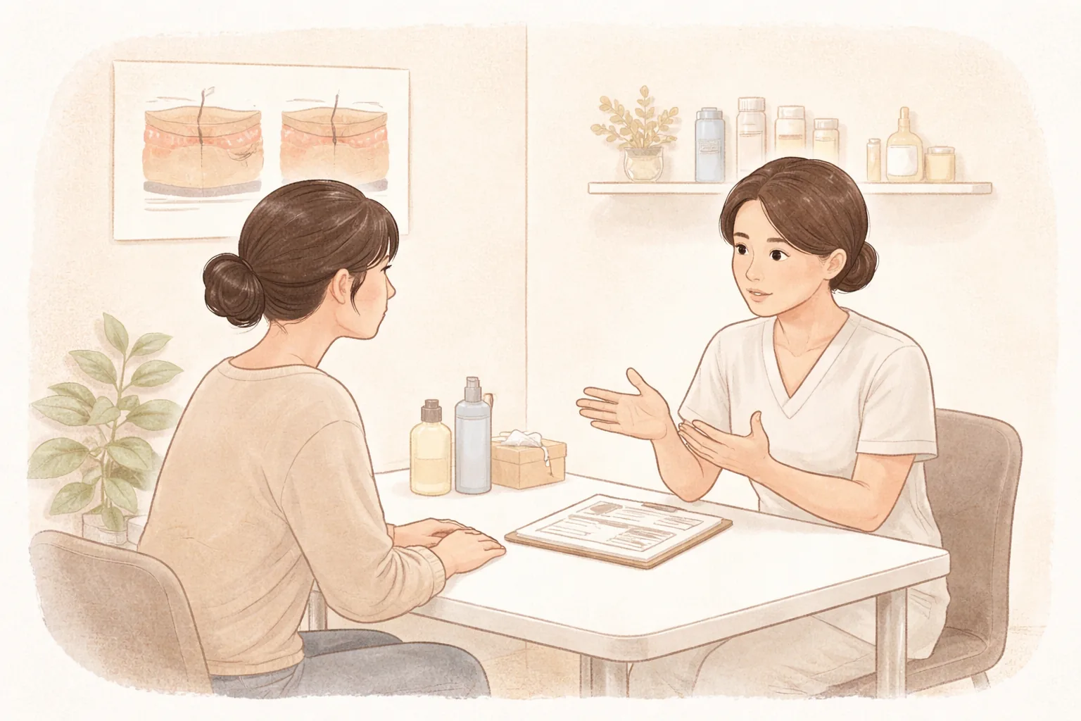 상담실에서 책상 맞은편에 앉아 설명하는 의료진과 듣고 있는 여성
