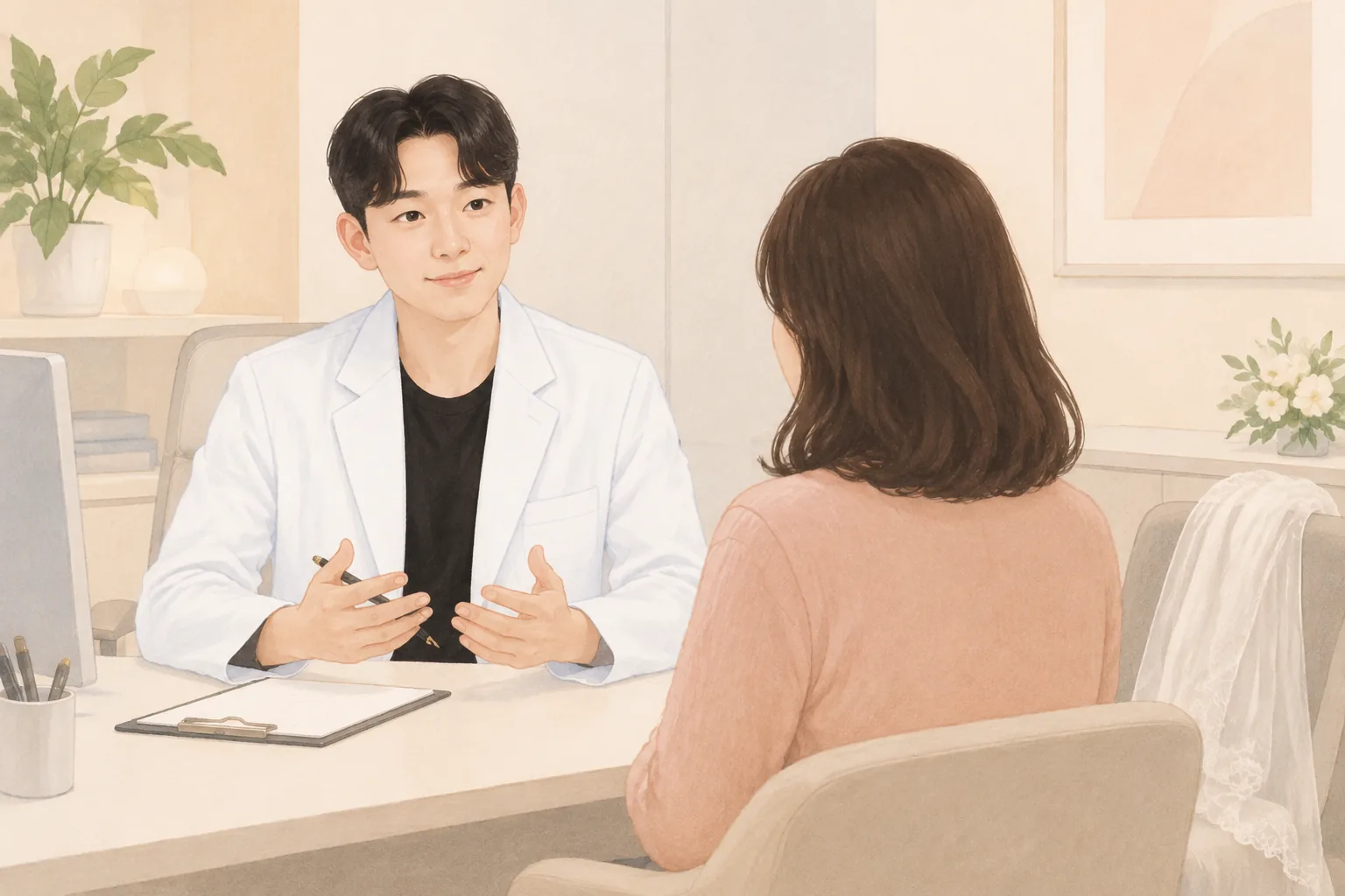 의자에 앉아 있는 남자 의사와 그 앞에 앉은 환자 여성 모습
