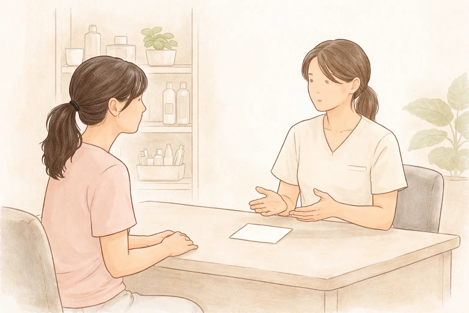 两位女性在咨询室隔着桌子面对面交谈