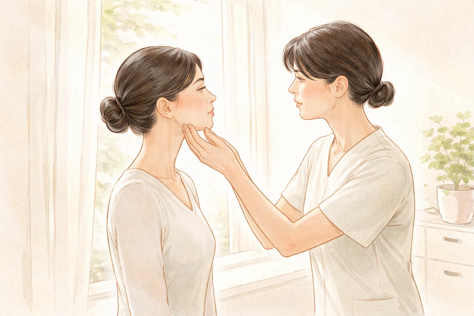 Female clinician examining a female patient's face by a bright window