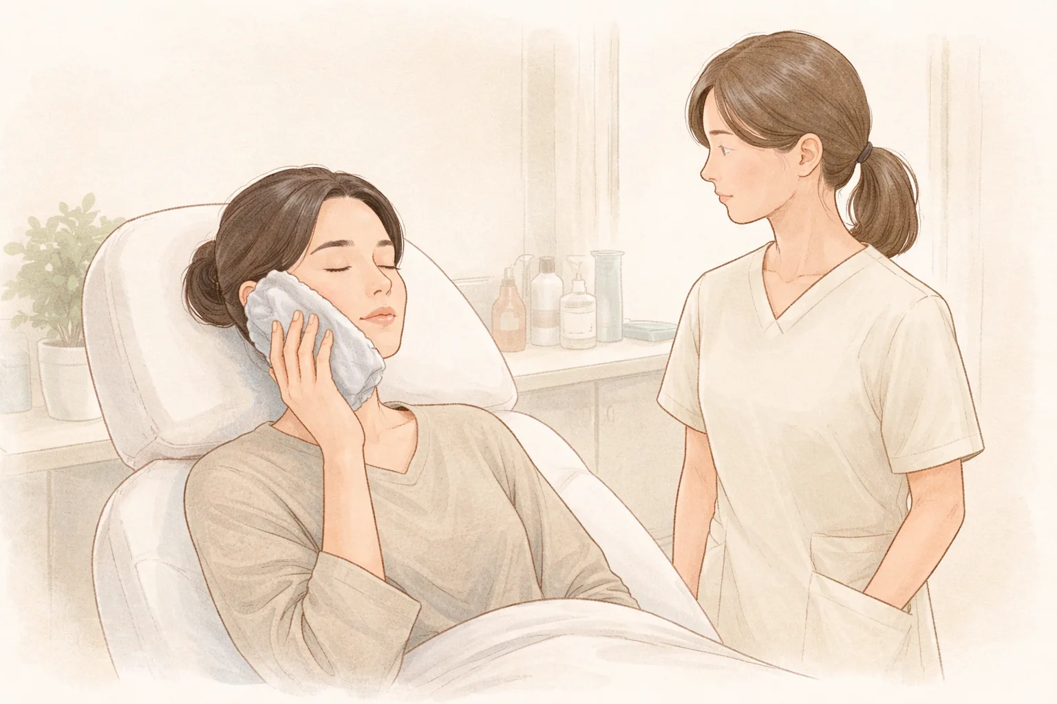 부드러운 천에 싼 냉찜질 팩을 볼에 대고 누워 있는 여성과 옆에 선 여성
