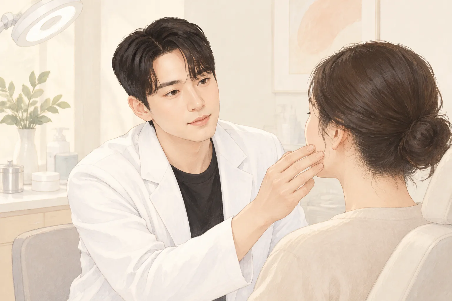 의사가 진료실에서 환자의 볼을 살펴보고 있음