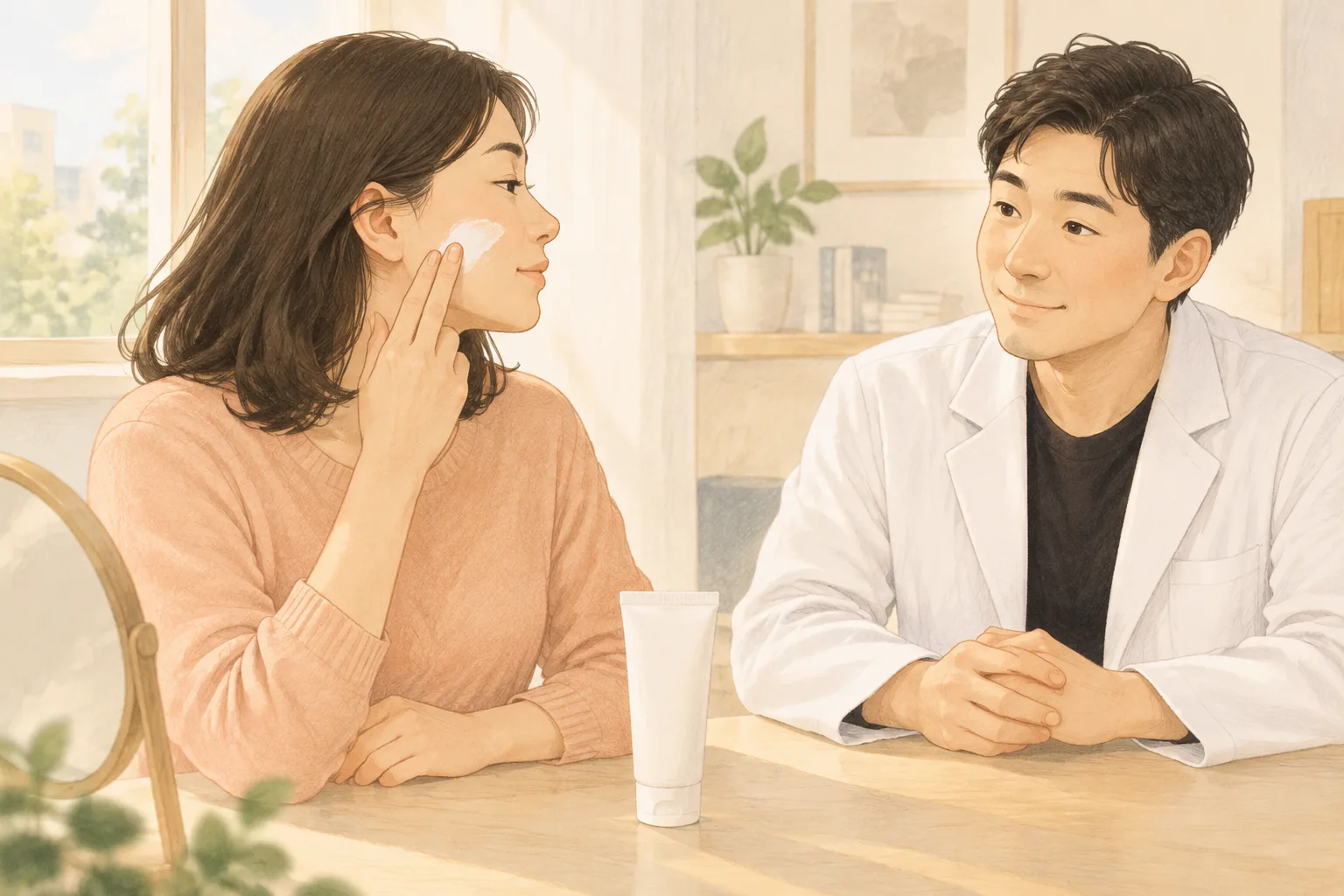 여성이 볼과 턱에 자외선 차단제를 바르고 있고 남성이 마주 보고 앉아 있음