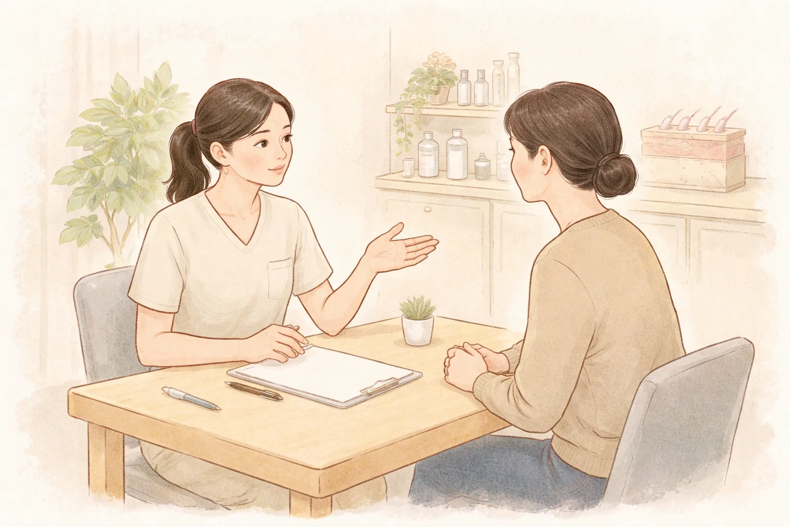 カウンセリング室で女性医療者と患者が向かい合って話す様子
