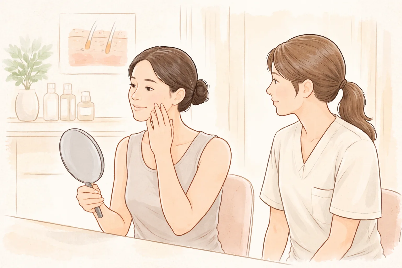 Woman holding a mirror touching her cheek with another woman seated beside her