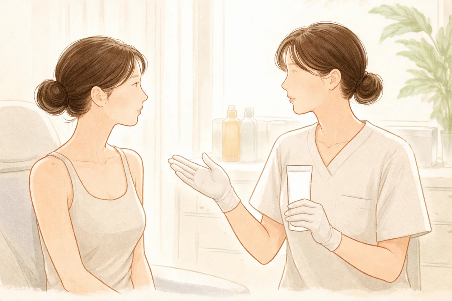 Clinician holding a cream tube and explaining it to a woman
