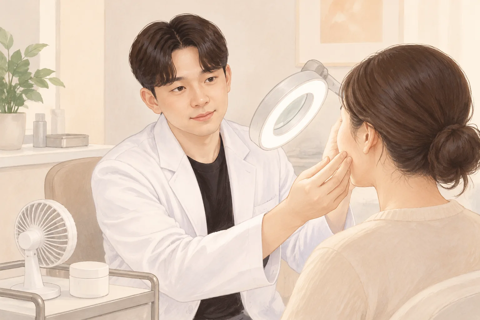 Doctor examining a patient's cheek with a magnifying lamp