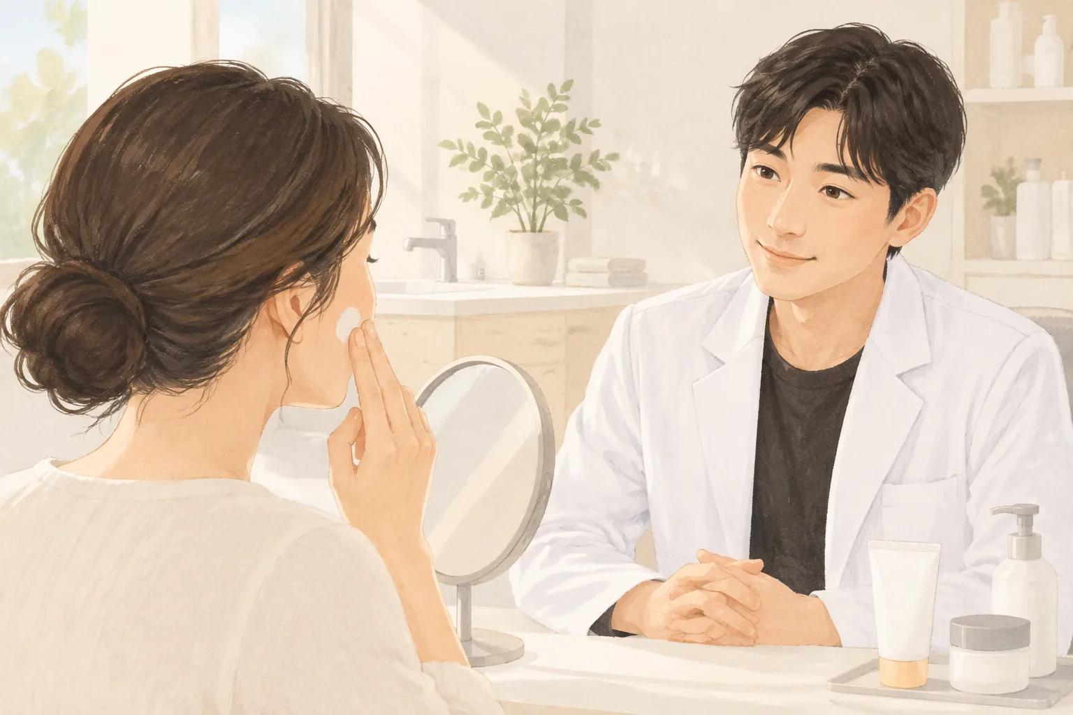 一名女性坐在室内镜前涂防晒霜,一名男子在旁看着