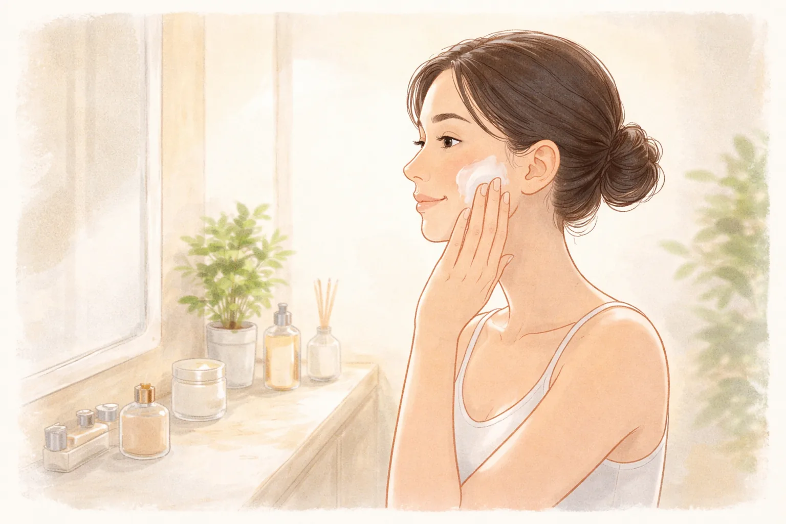 A woman applying cream to her cheek with her hand in a bright bathroom