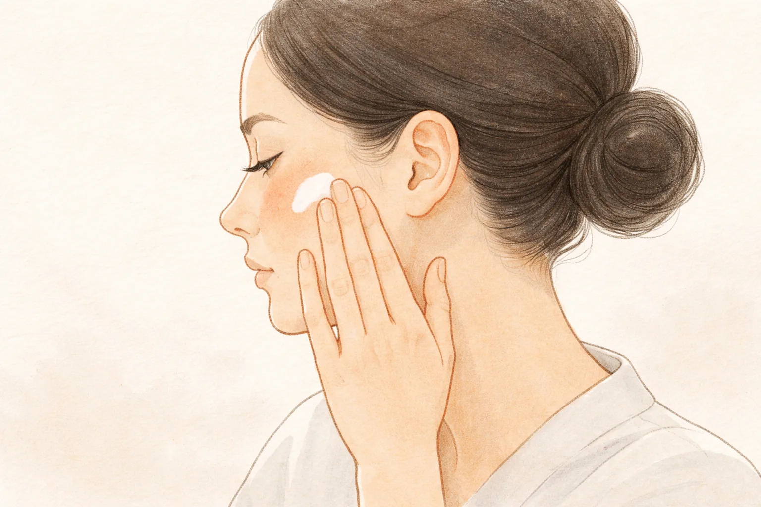女性が横向きで頬にクリームを塗っている様子