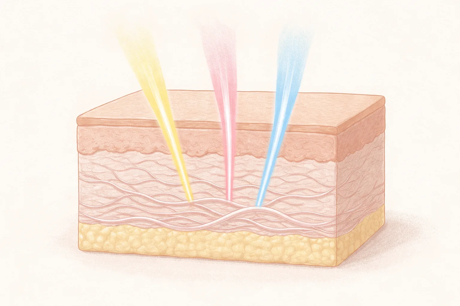 Corte de piel con luces amarilla, rosa y azul penetrando a distintas profundidades
