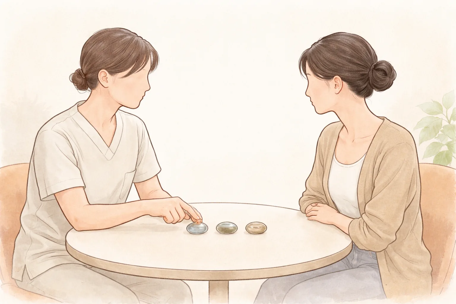 醫療人員與女性坐在桌旁,桌上放著三顆小玻璃珠並交談