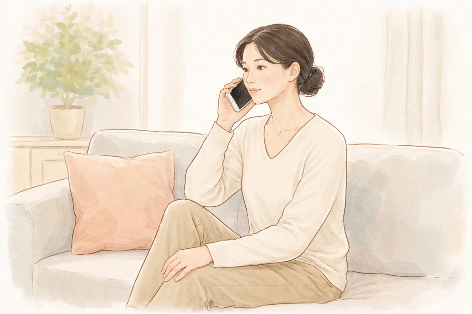 ソファに座って携帯電話を耳に当てて通話する女性