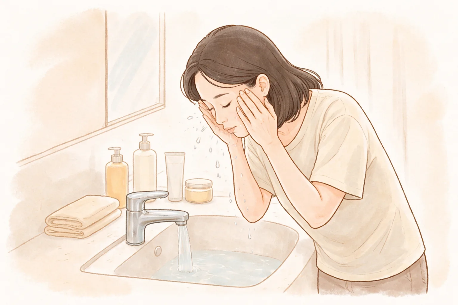 洗面台で水で顔を洗う長い髪の女性