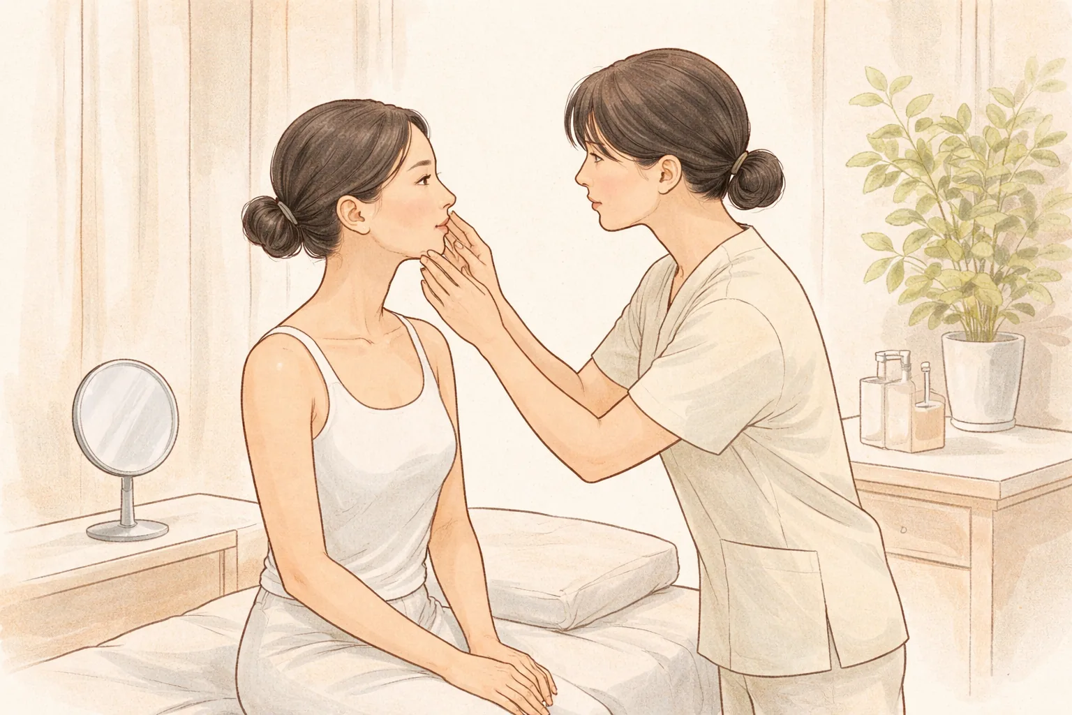 医生查看患者脸颊,室内有镜子和花瓶