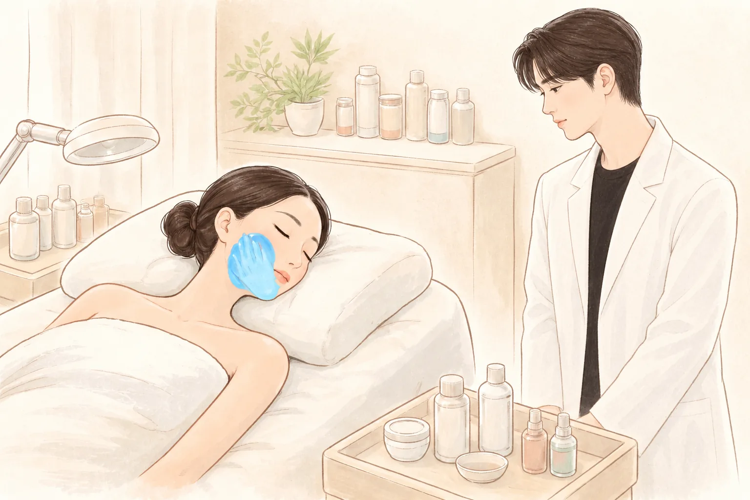 施術台に横たわる女性の頬に冷却ジェルパックが載り、医療者が横に立っている。