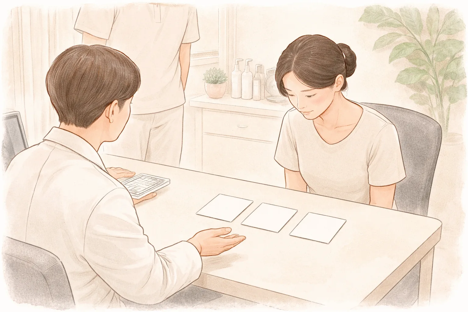 机の前に座ってカードを見せながら説明する男性と女性