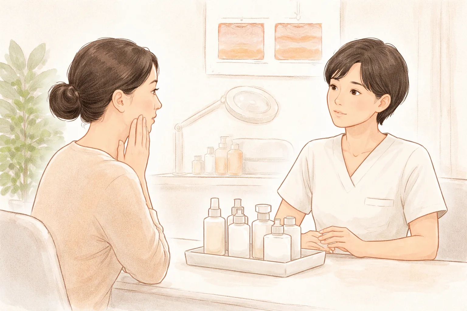 상담 중 볼을 짚으며 이야기하는 여성과 청진기 없는 의료복을 입은 여성