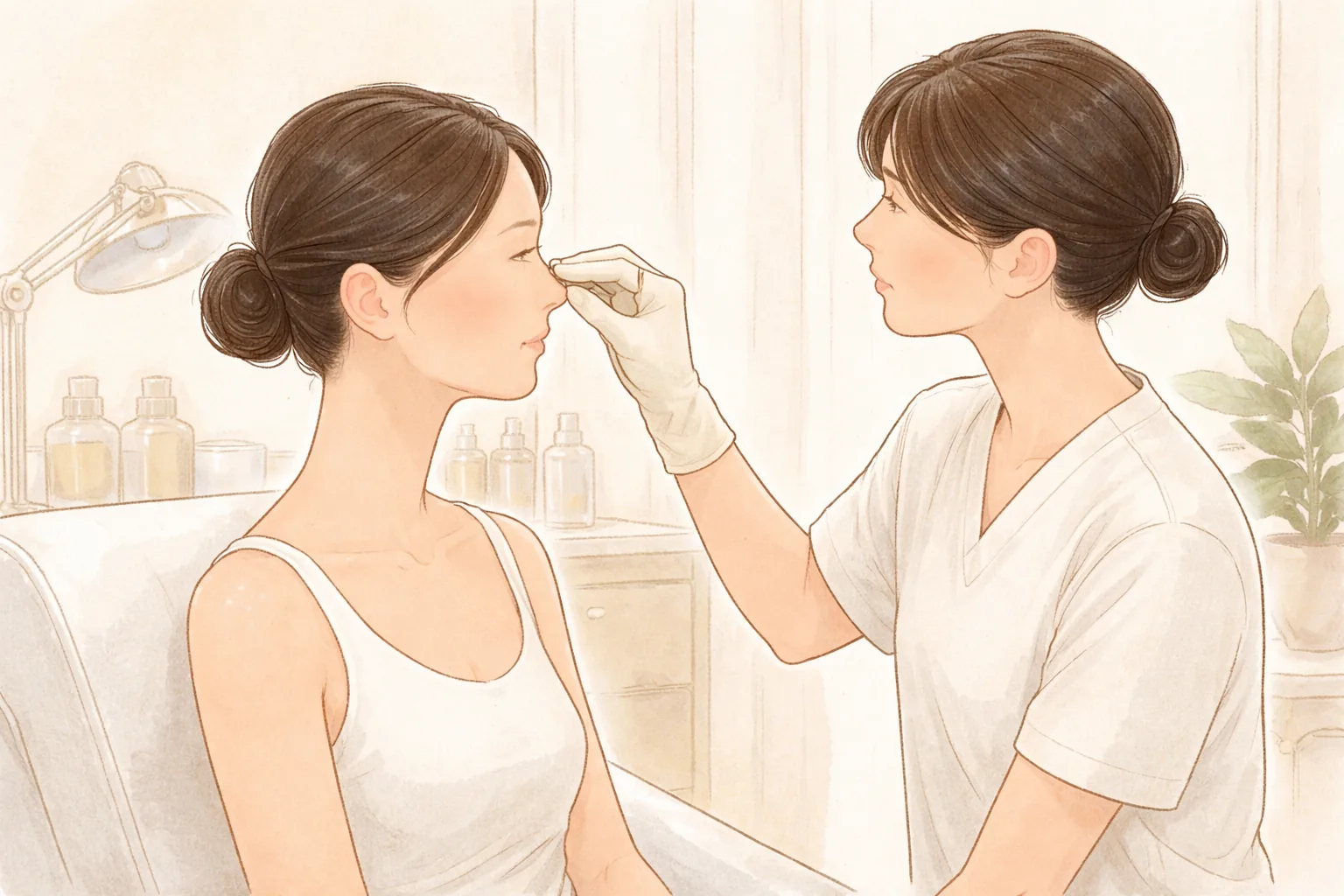 Personal con guantes revisando el puente nasal de una mujer sentada