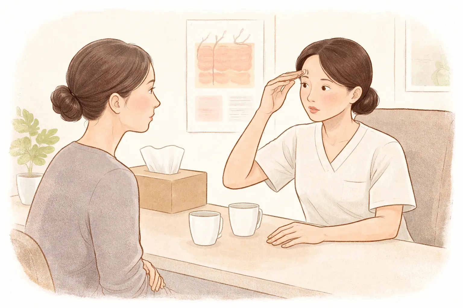机の前で手を動かして説明する医療スタッフと女性患者が話している様子