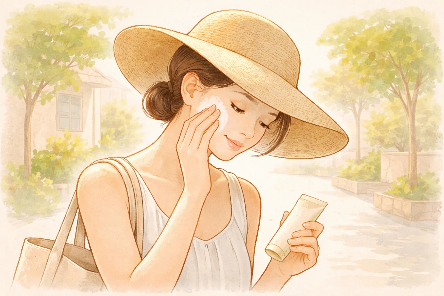 햇빛 아래 모자를 쓴 여성이 볼에 선크림을 바르고 있다
