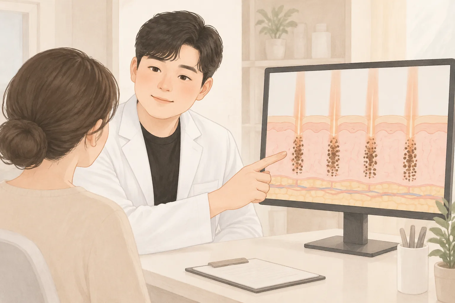 의사가 피부 단면 그림을 보여주며 여성 환자와 상담하는 모습