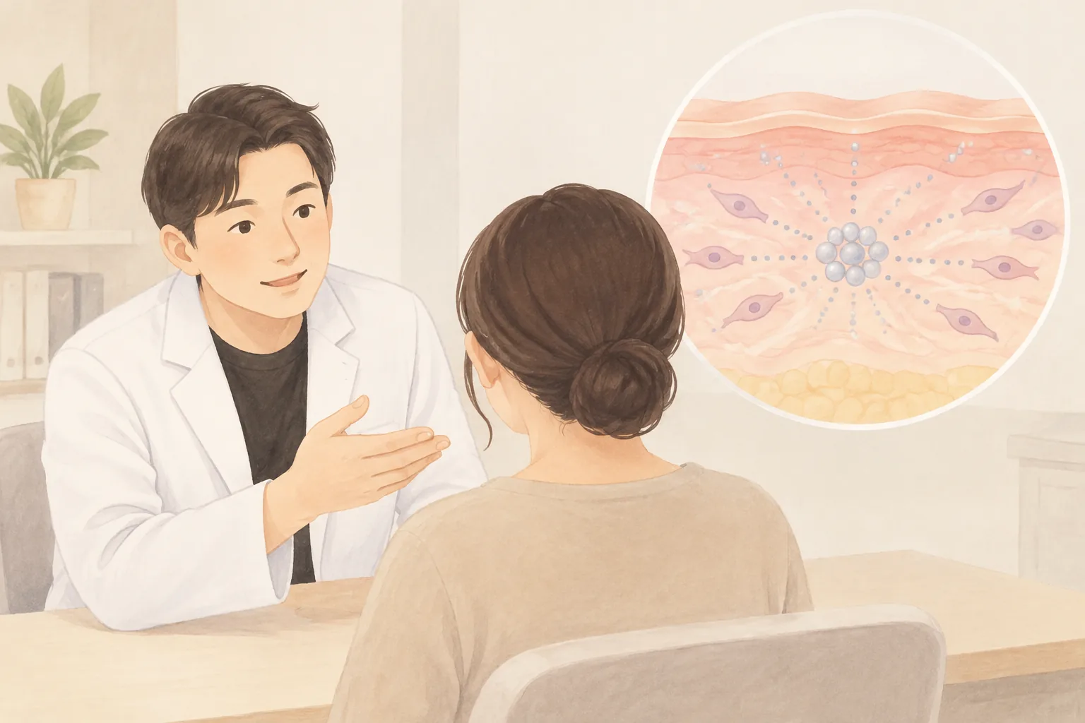 Médico mostrando a una paciente una imagen de la piel
