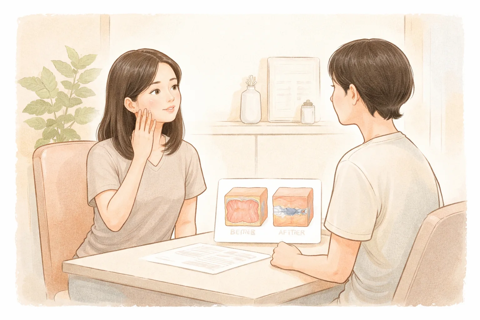 여성이 손으로 얼굴을 만지며 의료진과 상담하는 장면