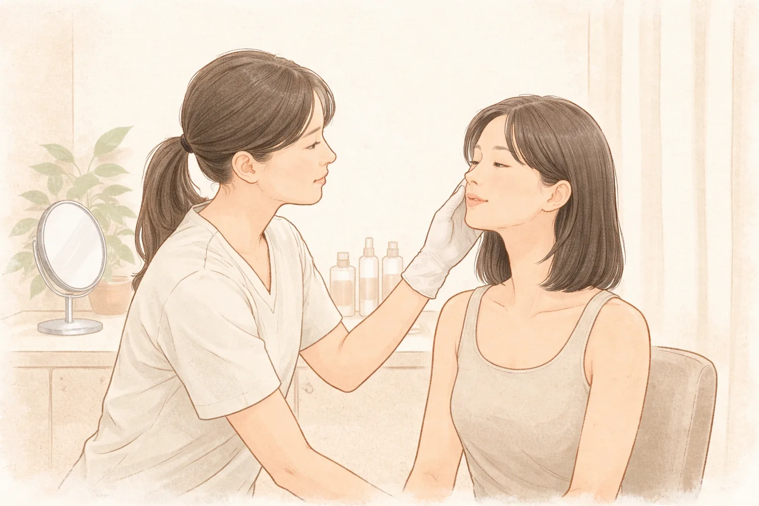 의료진이 장갑 낀 손으로 앉아 있는 여성의 볼을 살피고 있음