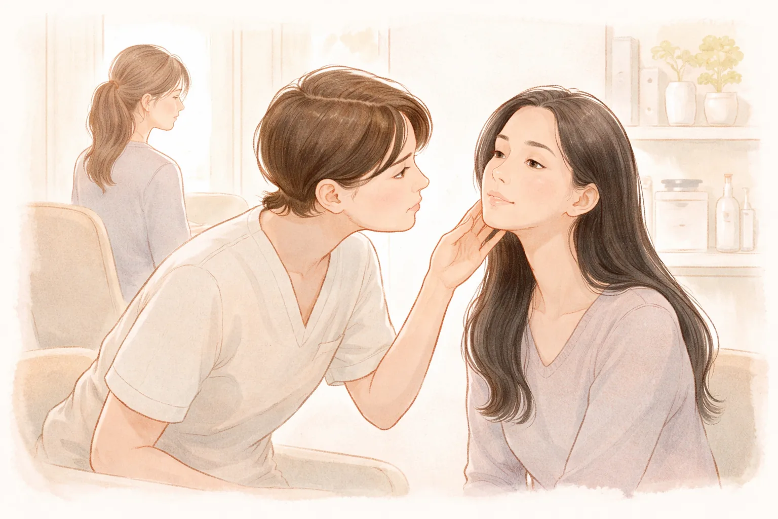 A clinician examining a woman's cheek in a bright room while another woman sits behind her