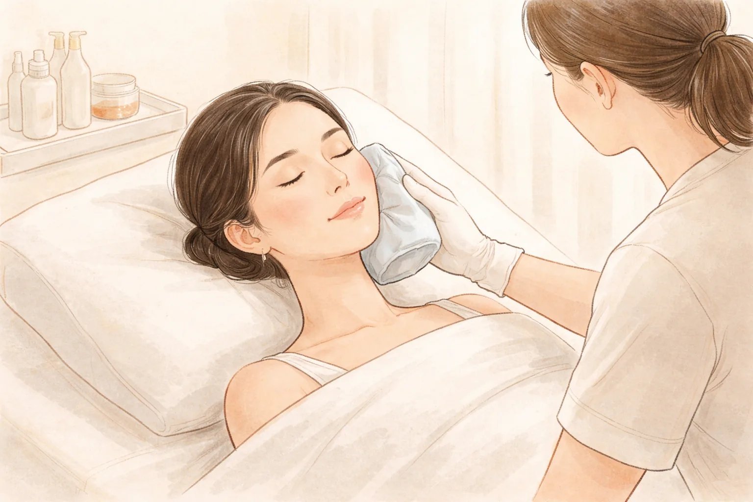 戴手套的医护人员手拿冷敷袋敷在躺着女性的脸上