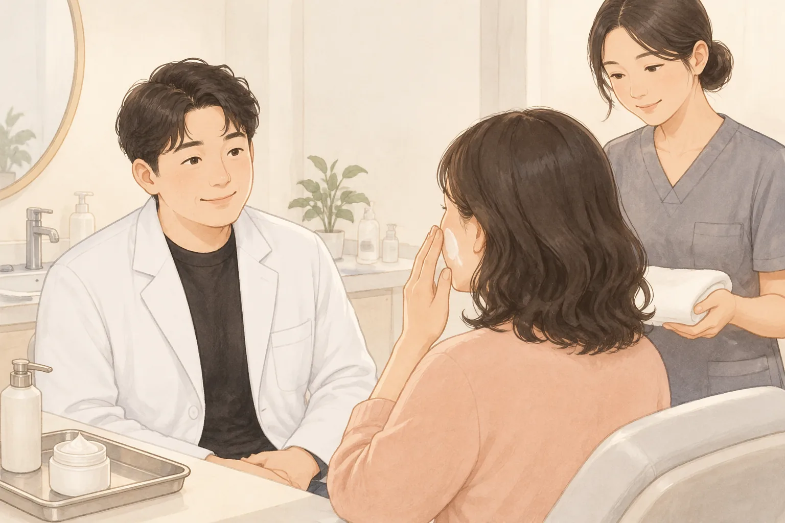 医師と看護師の前で頬に保湿剤を塗る女性患者