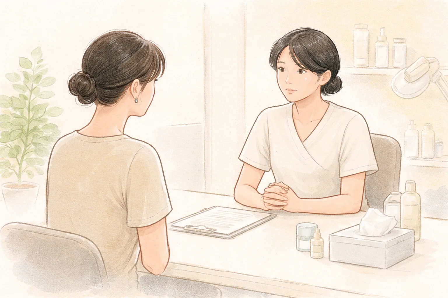 상담 테이블에 앉아 대화하는 두 여성, 한 명은 의료진으로 보임