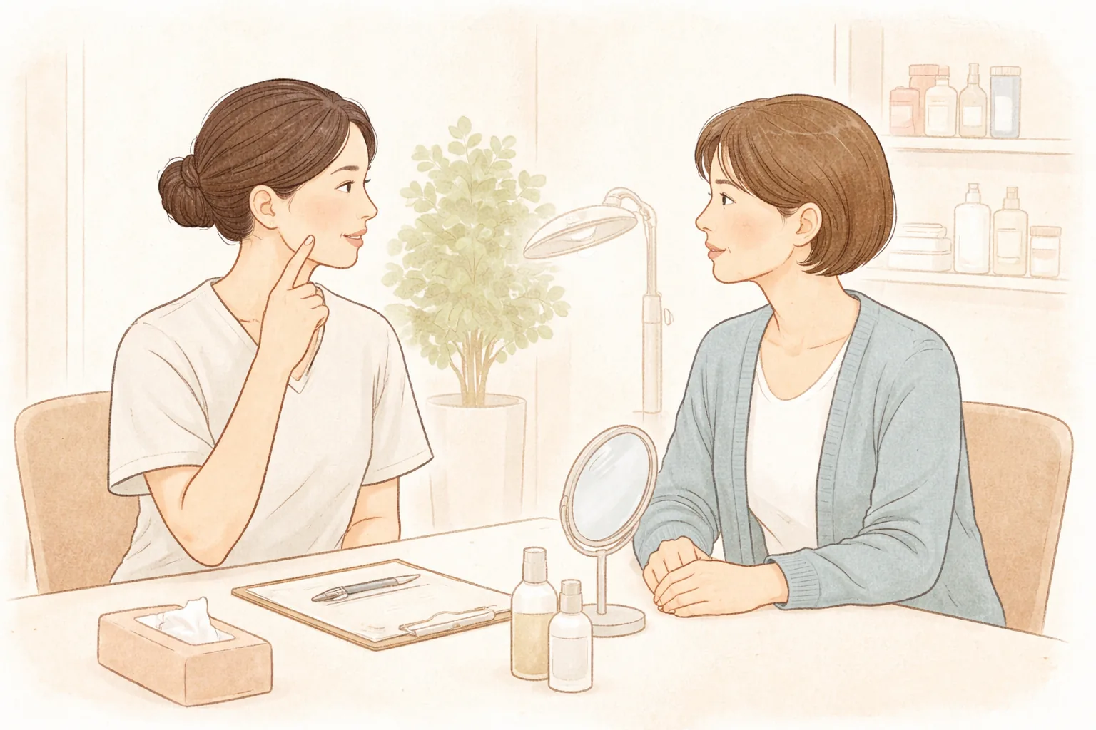 Doctor explaining facial details to a woman in a consultation room