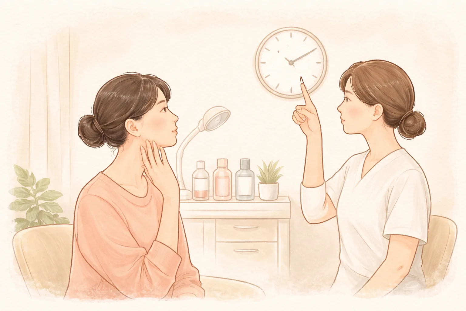 女性患者与医护人员看着挂钟交谈