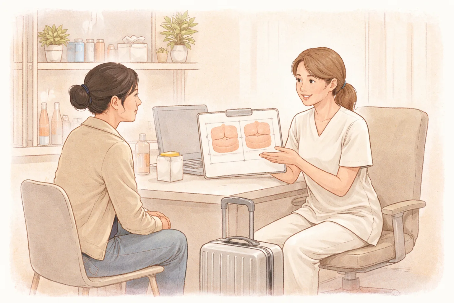 작은 여행 가방 옆에 놓인 책상을 사이에 두고 여성 의료진과 상담하는 여성 환자