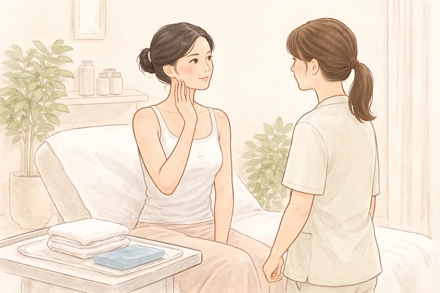 診間裡坐著摸臉頰的女性,醫療人員在旁傾聽