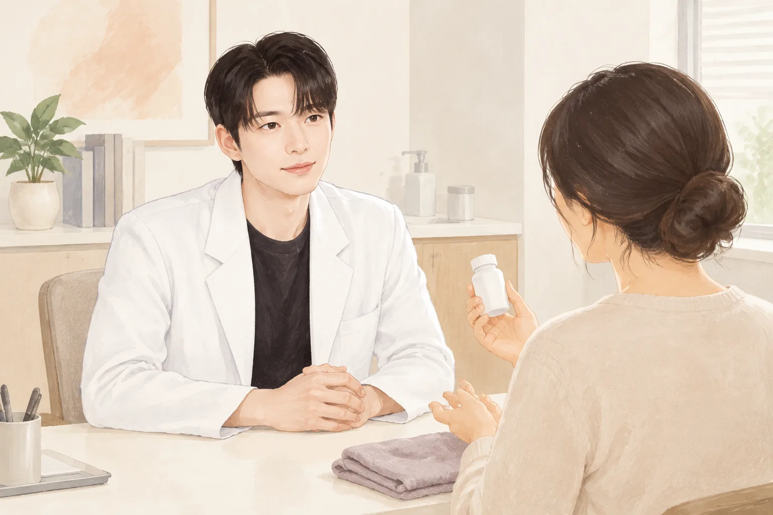 작은 약병을 든 환자와 마주 앉아 대화하는 남자 의사와 여자 환자