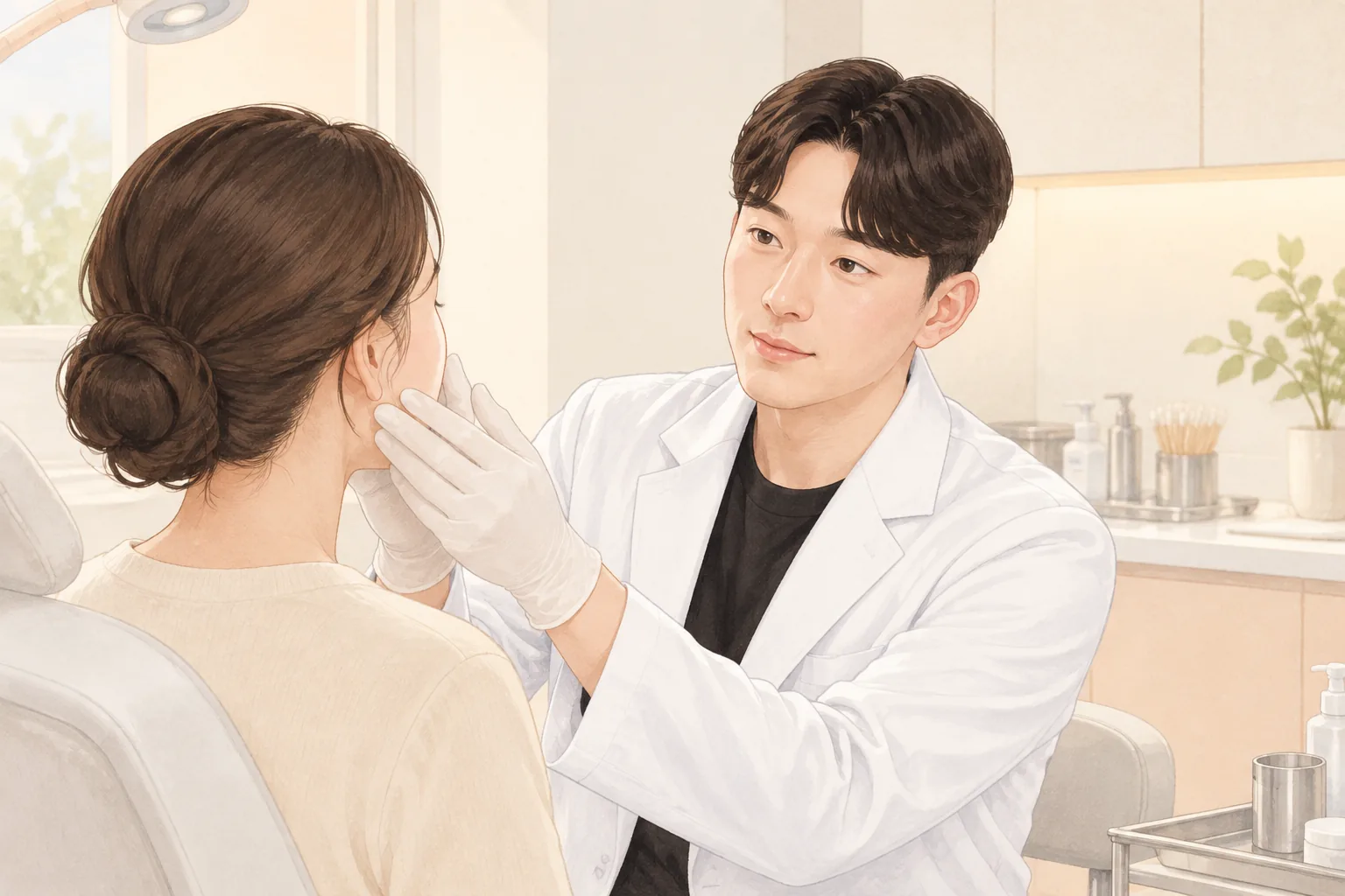 진료실에서 환자의 얼굴을 살피는 장갑 낀 남성 의료진과 앉아있는 여성 환자