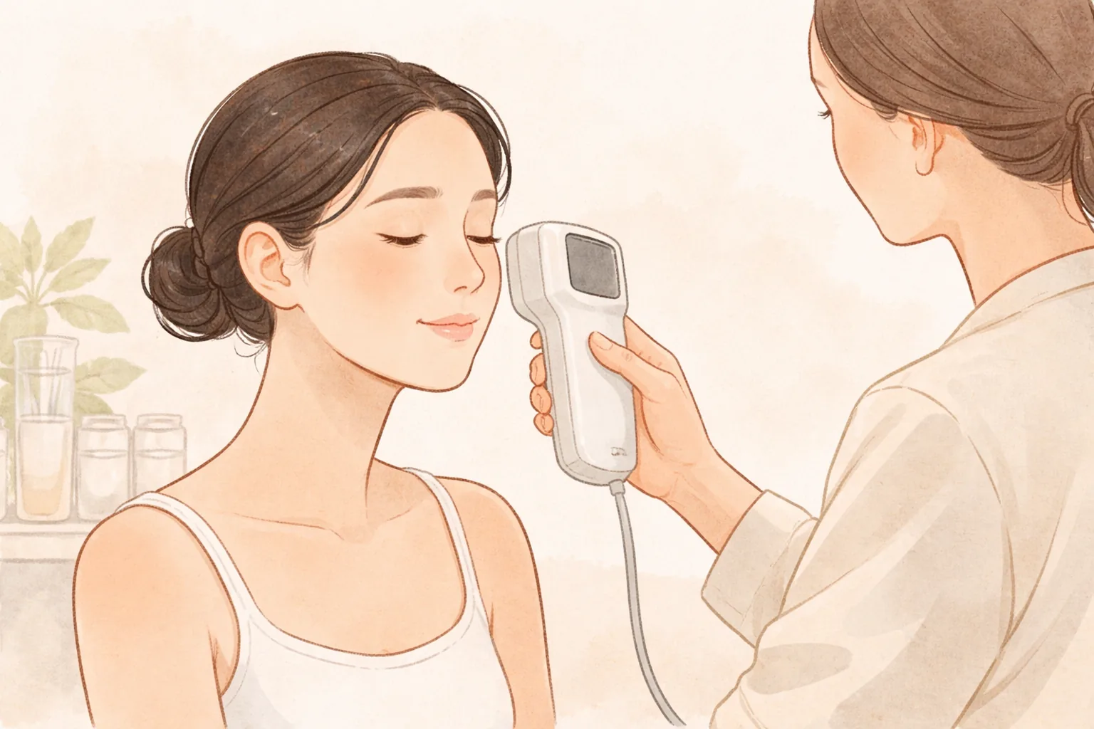 한 명의 의료진이 여성의 볼 근처에 피부 분석 기기를 대고 있음