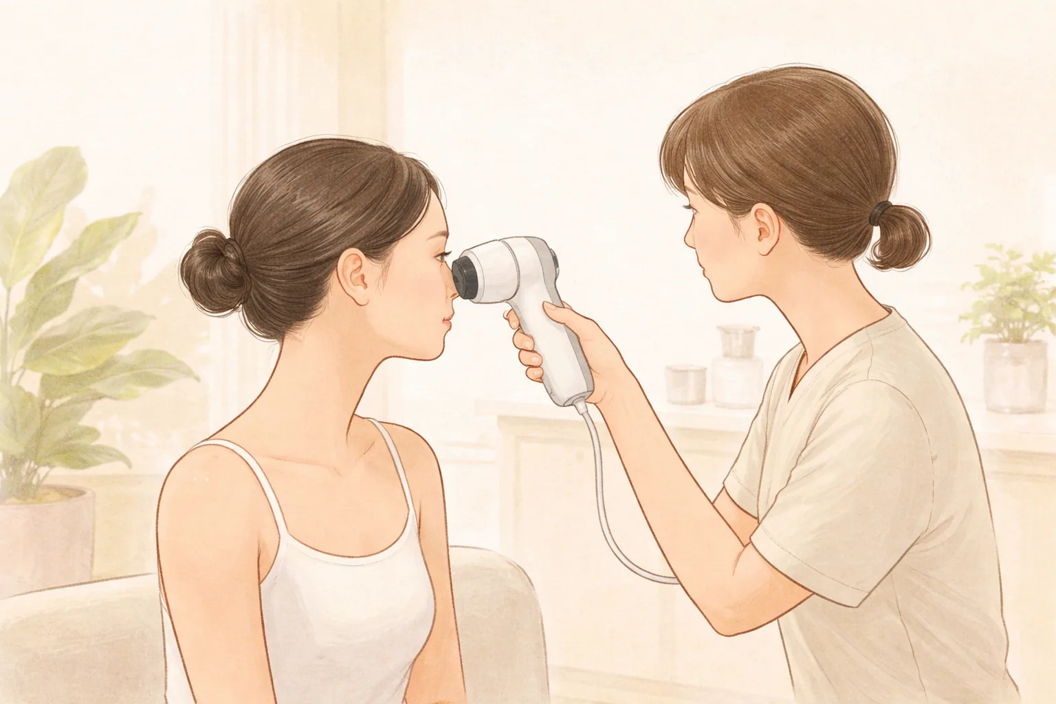 皮膚分析カメラで女性の頬を診断する医療スタッフと女性