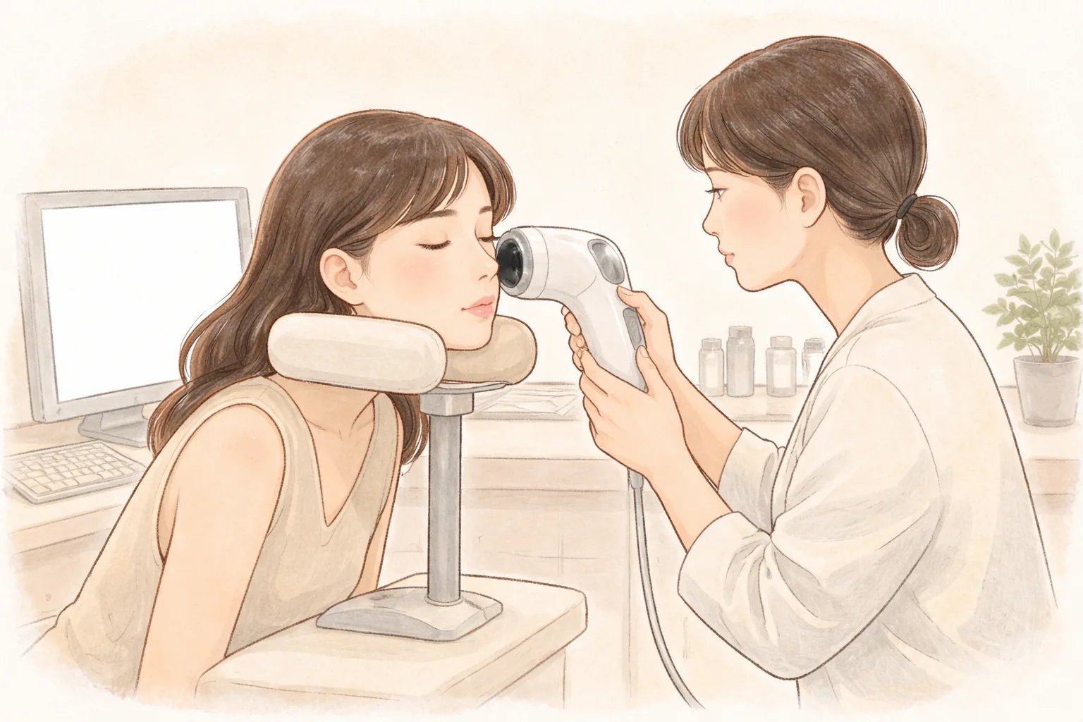 피부 분석 기기로 여성 얼굴을 촬영하는 의료진과 분석 카메라 앞에 앉은 여성