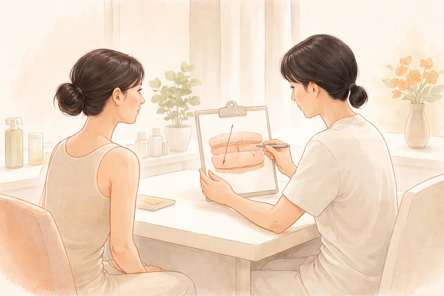 상담실에서 마주 앉아 피부 모양을 설명하는 여성과 의료진