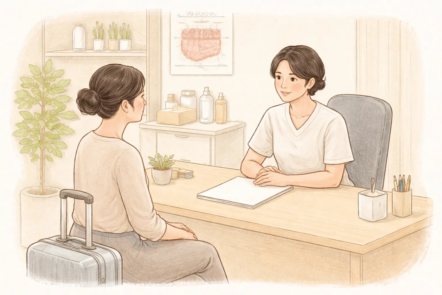 女性坐在行李箱旁，隔著桌子與醫療人員諮詢
