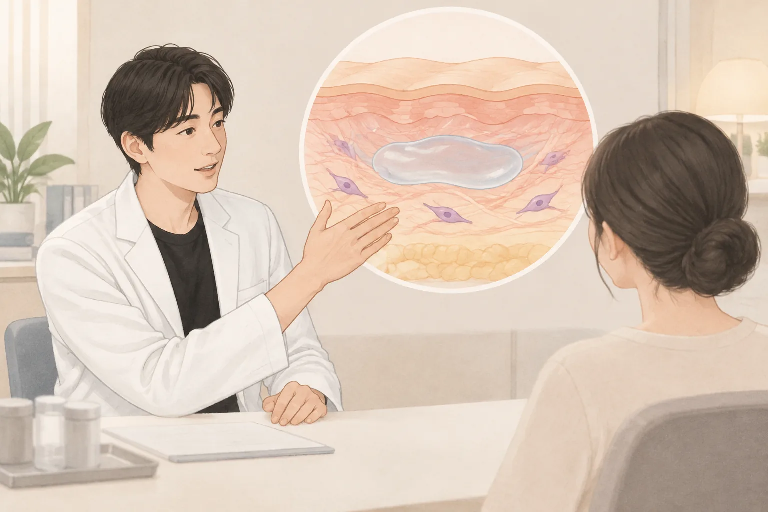 Dokter pria menjelaskan diagram potongan kulit kepada pasien wanita