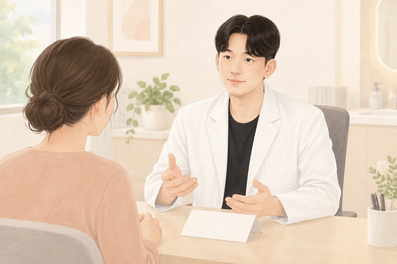 Médico explicando a una paciente en una mesa de consulta