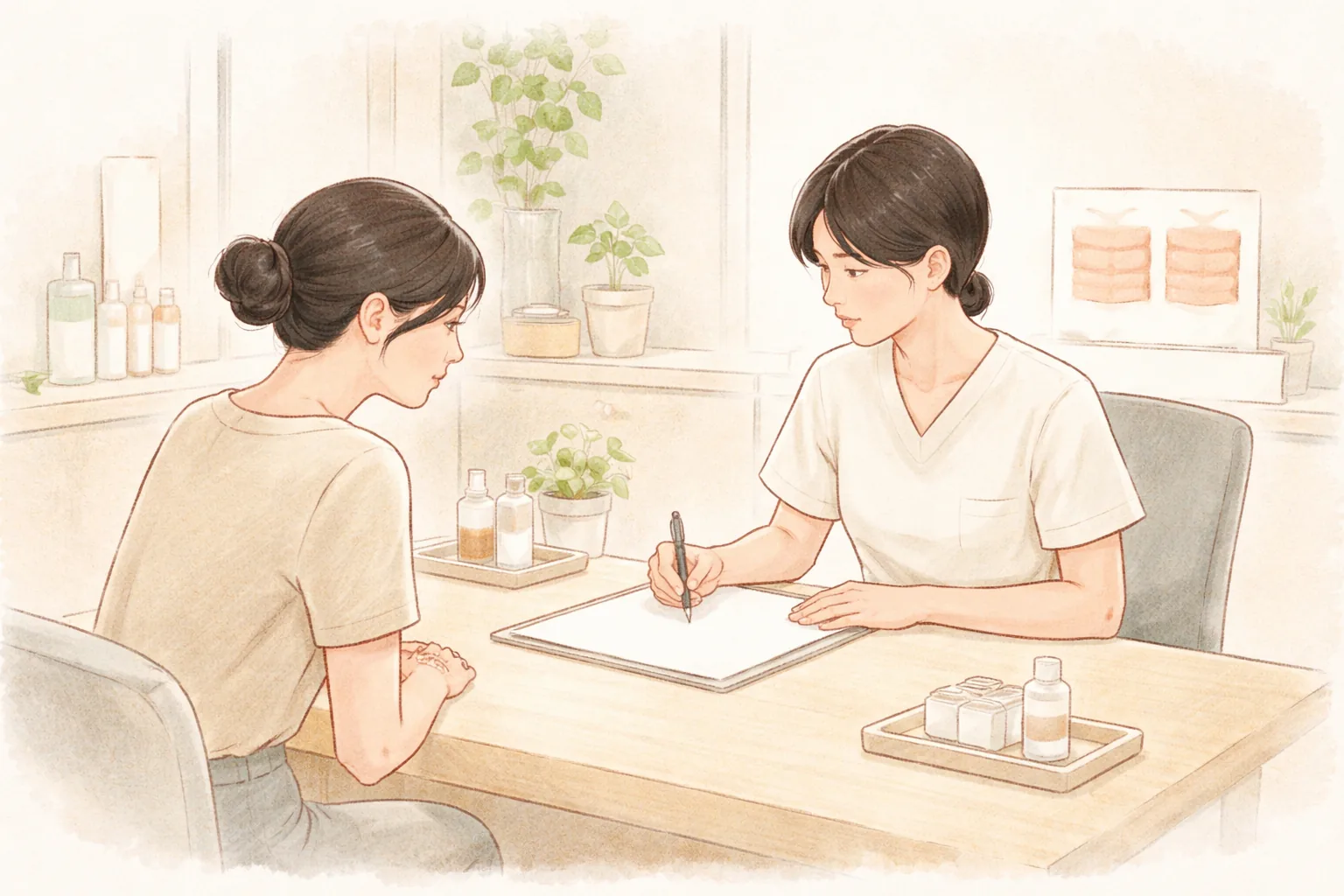 밝은 상담실에서 책상 맞은편에 앉아 대화하는 여성과 의료진